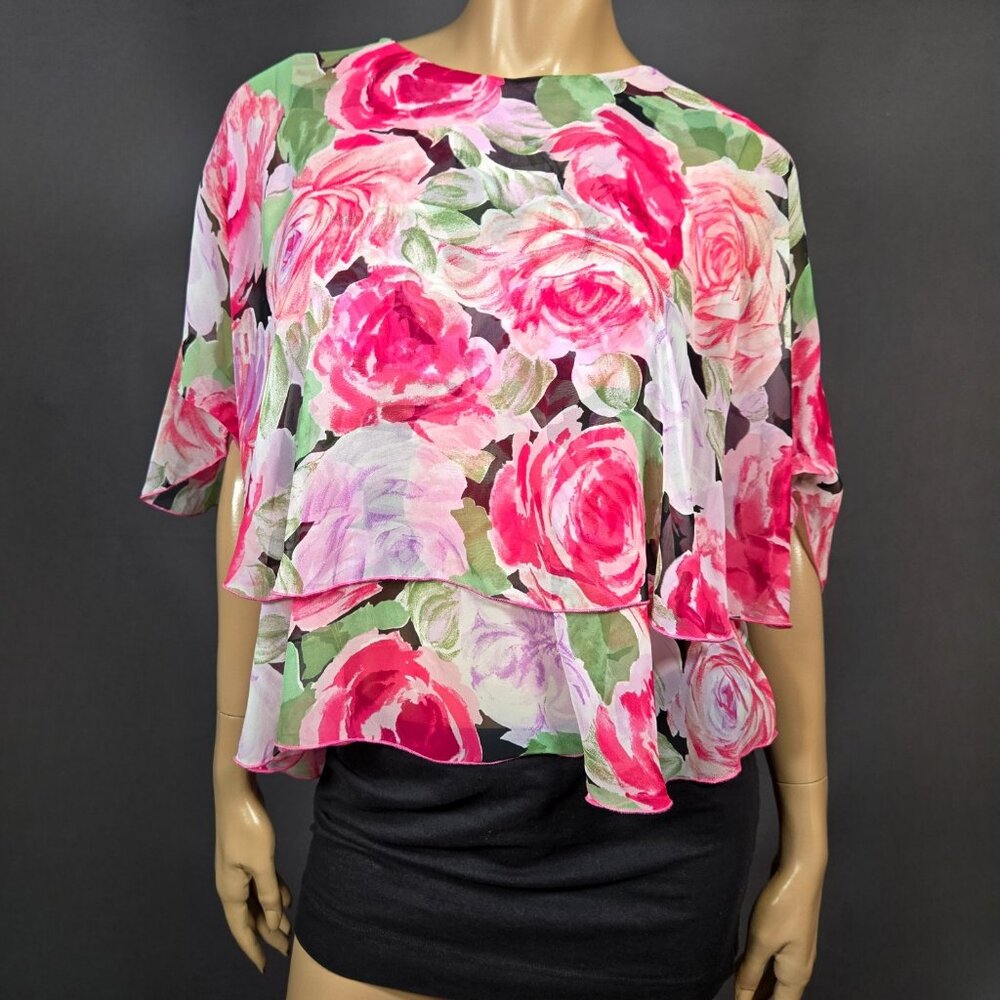 Vintage 80s Chiffon Floral Rose Print Blouse Size S Flowy Floaty Layered Pink